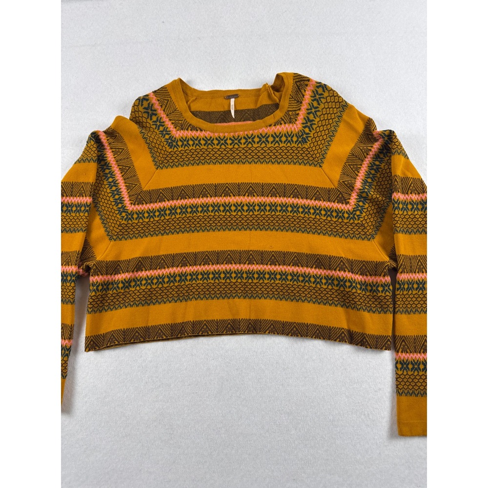 Free People Mustard Yellow Fair Isle Cropped Sweater Long Sleeve XS
